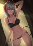  1girl ahoge antennae arknights arm_behind_head arm_up armpits backlighting bare_arms bare_shoulders black_bra black_panties bra breasts cleavage collarbone commentary cowboy_shot grey_hair horns large_breasts looking_at_viewer navel nev_(nevblindarts) panties short_hair side-tie_panties signature solo standing stomach string_panties tail thighs underwear underwear_only untied untied_panties w_(arknights) 