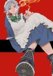  1girl absurdres ankle_boots apron blue_eyes boots braid cigarette cross-laced_footwear dress hair_ribbon highres izayoi_sakuya lace-up_boots maid maid_apron maid_headdress mi_ri_000 pinafore_dress ribbon short_hair silver_hair touhou tress_ribbon twin_braids 