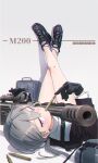  1girl ammunition backpack bag bangs black_footwear black_gloves black_neckwear black_skirt blush bolt_action brown_jacket cartridge character_name cheytac_m200 chromatic_aberration commentary_request girls_frontline gloves grey_background grey_hair gun hair_between_eyes headphones headphones_removed highres jacket kuro_kosyou legs legs_up long_hair long_sleeves low_ponytail lying m200_(girls_frontline) muzzle_brake necktie on_back pleated_skirt purple_eyes revision rifle scope shirt shoes simple_background skirt sneakers sniper_rifle sniper_scope socks solo weapon white_legwear white_shirt 