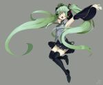  1girl alternate_color armpits arms_up artist_name black_footwear black_legwear black_skirt boots breasts collared_shirt commentary detached_sleeves full_body green_eyes green_hair green_neckwear grey_background grey_shirt hatsune_miku headset jumping long_hair miniskirt necktie open_mouth pleated_skirt shirt signature simple_background skirt sleeveless sleeveless_shirt small_breasts solo thigh_boots thighhighs twintails upskirt very_long_hair vocaloid zambiie zettai_ryouiki 