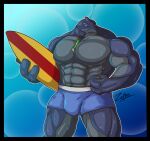  2021 3_fingers abs alien bendy_straw beverage_can big_muscles black_border blue_background blue_eyes border bulge clothed clothing crushing_can digital_media_(artwork) disney fingers gantu grey_body grey_skin hi_res holding_object huge_muscles lilo_and_stitch male muscular muscular_male open_mouth outline pecs signature simple_background solo standing straw surfboard topless vehicle watercraft wet zephir 