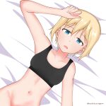 1girl acht_augen bed black_sports_bra blonde_hair blue_eyes blush bottomless collarbone erica_hartmann eyebrows_visible_through_hair groin highres looking_at_viewer navel no_panties on_bed open_mouth shiny shiny_hair shiny_skin short_hair solo sports_bra strike_witches underwear upper_body waking_up world_witches_series 