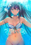  1girl air_bubble aonaga_heri armpits bangs bikini bikini_top black_hair blue_bikini blue_choker blue_eyes bottomless breasts bubble choker collarbone flower freediving front-tie_bikini front-tie_top groin hair_flower hair_ornament idolmaster idolmaster_cinderella_girls long_hair looking_at_viewer medium_breasts navel out-of-frame_censoring outstretched_arms shibuya_rin sidelocks solo spread_arms strap_slip submerged swimsuit underwater water white_bikini white_flower 