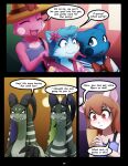  anthro blue_body blue_fur breasts clothed clothing comic darkmirage digital_media_(artwork) english_text female fur hi_res male mammal mouse murid murine open_mouth pink_body pink_fur rodent text tongue 