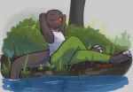  ambiguous_gender anthro barefoot bottomwear clothed clothing enginetrap flat_chested fully_clothed grass hand_behind_head male_(lore) miles_(enginetrap) one_eye_closed outside pants plant reptile scalie shirt shrub signature sitting snake solo tank_top topwear tree water 