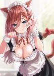  1girl 3: akino_ell alternate_costume animal_ears apron black_dress blue_eyes blurry blush bow braid breasts brown_hair cat_ears cat_girl cat_tail cleavage commentary depth_of_field dress enmaided eyebrows_visible_through_hair frilled_apron frills go-toubun_no_hanayome hair_between_eyes hands_up highres image_sample kemonomimi_mode lace large_breasts leaning_forward long_hair looking_at_viewer maid maid_apron maid_headdress nakano_miku neck_ribbon paw_pose ribbon short_sleeves solo standing tail tail_bow tail_ornament tail_raised twitter_sample upper_body white_apron wing_collar wrist_cuffs 