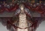  1boy abs alfred_(bloodborne) blonde_hair blood bloodborne bloody_clothes bloody_hands blue_eyes candle cape chest_hair closed_mouth collarbone fire flame highres holding holding_organ indoors male_focus navel organs pilgrim_(silentreverie) ribs sideburns skull smile solo white_cape 