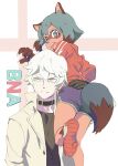  1boy 1girl animal_ears animal_nose black_hair black_shirt blue_eyes blue_hair body_fur brand_new_animal brown_fur carrying carrying_over_shoulder carrying_person choker closed_mouth coat copyright_name dolphin_shorts fangs fingernails frown furry furry_female green_eyes highres jacket kagemori_michiru light_green_hair multicolored_hair ogami_shirou open_clothes open_coat open_mouth ori_(user_wznx3887) pink_background raccoon_ears raccoon_girl raccoon_tail red_jacket sharp_fingernails shirt shoes short_hair shorts sneakers tail tanuki track_jacket two-tone_background two-tone_hair white_background 
