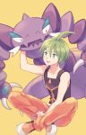  1boy aaron_(pokemon) ahoge arm_up bangs bare_arms collarbone commentary_request drapion elite_four gen_4_pokemon green_eyes green_hair hair_between_eyes highres indian_style komasawa_(fmn-ppp) male_focus open_mouth orange_pants pokemon pokemon_(creature) pokemon_(game) pokemon_dppt shiny shiny_hair shirt shoes simple_background sitting sleeveless sleeveless_shirt smile teeth white_footwear yellow_background 