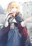  1girl black_neckwear black_ribbon blonde_hair blue_cape blue_skirt blurry blurry_background buta_no_liver_wa_kanetsu_shiro cape copyright_name day depth_of_field earrings hand_up high-waist_skirt highres hood hood_down hooded_cape jess_(buta_no_liver_wa_kanetsu_shiro) jewelry long_skirt long_sleeves looking_at_viewer medium_hair motion_blur neck_ribbon orange_eyes outdoors parted_lips red_cape ribbon shirt skirt snow solo standing toosaka_asagi two-sided_cape two-sided_fabric white_shirt 