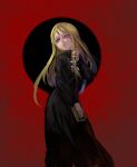  1girl black_dress blonde_hair book copyright_request dress hand_up head_tilt holding holding_book inishie_kumo long_dress long_hair long_sleeves looking_at_viewer parted_lips purple_eyes red_background smile solo standing 