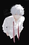  1boy black_background character_name gintama grey_eyes hair_between_eyes hands_in_pockets hatching_(texture) heart highres male_focus necktie parted_lips red_neckwear sakata_gintoki signature simple_background smile solo twitter_username unye_00 white_hair 