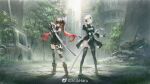  2girls black_dress black_hair blindfold boots commander_(punishing:_gray_raven) crossover dress hair_ornament highres long_hair looking_at_viewer lucia_(punishing:_gray_raven) multiple_girls nier_(series) nier_automata official_art punishing:_gray_raven red_eyes red_hair short_hair sword thighhighs torn_clothes torn_legwear twintails weapon white_hair yorha_no._2_type_b zema_haru 