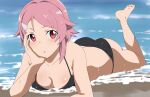  1girl :o ass bangs barefoot beach bikini black_bikini blush breasts cleavage commentary curious freckles frown hair_ornament hairclip head_rest leg_up lisbeth looking_at_viewer lying moroheiya_(moroheiya-works) on_stomach parted_lips pink_eyes pink_hair short_hair solo swept_bangs swimsuit sword_art_online water wet 