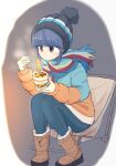  1girl bangs beanie black_footwear blowing blowing_on_food blue_hair blue_pants blush boots brown_footwear camping_chair chair chopsticks commentary_request cup cup_ramen food full_body fur-trimmed_boots fur_trim hat highres holding holding_chopsticks holding_cup jacket kajino_(aosansai) long_sleeves multicolored multicolored_clothes multicolored_jacket multicolored_scarf multicolored_stripes noodles on_chair pants purple_eyes ramen scarf shima_rin shiny shiny_hair short_hair sitting solo steam striped yurucamp 