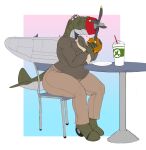  absurd_res aircraft airplane anthro belly beverage big_belly big_breasts big_butt breasts burger butt chubby_female clothing eating female food happy hi_res living_aircraft living_machine living_vehicle machine musclegut ndragon3 overweight overweight_anthro overweight_female p-47 p-47_thunderbolt solo thick_thighs uniform vehicle 
