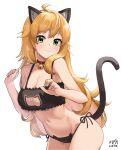  1girl :3 ahoge animal_ear_fluff animal_ears artist_name bangs bare_arms bare_shoulders bell bell_choker black_bra black_panties blonde_hair bra breasts cat_cutout cat_ear_panties cat_ears cat_lingerie cat_tail choker cleavage cleavage_cutout closed_mouth clothing_cutout commentary cowboy_shot dated eyebrows_visible_through_hair frilled_bra frills green_eyes hands_up hoshii_miki idolmaster idolmaster_(classic) jingle_bell kemonomimi_mode large_breasts leaning_forward light_blush long_hair looking_at_viewer meme_attire myeolchi navel panties paw_pose red_choker shiny shiny_hair side-tie_panties simple_background smile solo standing stomach tail tail_raised underwear underwear_only very_long_hair wavy_hair white_background 