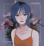  1girl bangs black_eyes blue_hair collarbone flower highres looking_at_viewer orange_camisole original photo_background short_hair signature solo tami_moon upper_body 