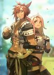  1boy 1girl bandaged_arm bandaged_hands bandages blurry blurry_background breasts brown_hair cowboy_shot detached_sleeves facial_mark final_fantasy final_fantasy_xiv forehead hair_between_eyes hand_on_hip hide_(hideout) highres locked_arms long_hair looking_at_another medium_breasts miqo&#039;te pink_hair short_hair smile tattoo thighhighs whisker_markings yellow_eyes 