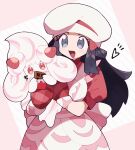  1girl :d alcremie alcremie_(strawberry_sweet) apron black_hair blush candy chocolate chocolate_bar commentary_request dawn_(pokemon) dress eyelashes food gen_8_pokemon grey_eyes hat heart holding holding_pokemon open_mouth pokemon pokemon_(creature) pokemon_(game) pokemon_masters_ex red_dress red_mittens shigetake_(buroira) short_sleeves smile tongue white_headwear 