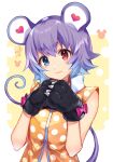 1girl animal_ears bangs eyebrows_visible_through_hair gloves gradient_hair heterochromia looking_at_viewer mouse_ears mouse_tail multicolored_hair original paw_gloves paws purple_hair ririkuto short_hair sleeveless solo tail upper_body 
