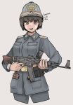  1girl belt book brown_eyes brown_hair epaulettes explosive german_text germany grenade hat helmet highres imperial_german_navy kaiserreich military military_uniform pzkpfwi short_hair uniform weapon 