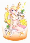  1girl ahoge artist_name bangs barefoot bikini bikini_skirt blonde_hair blue_eyes breasts closed_mouth commentary cover-up cup drinking_glass ellie_(kisaragi_yuu) english_commentary food fruit hand_in_hair highres ice ice_cube kisaragi_yuu_(fallen_sky) leaf lemon lemon_slice long_sleeves looking_at_viewer medium_breasts minigirl mouth_hold original polka_dot polka_dot_bikini short_hair signature sitting smile solo swept_bangs swimsuit yellow_bikini yellow_theme 