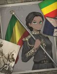  1girl belt black_hair dark_skin dark_skinned_female epaulettes ethiopia flag green_eyes highres holding holding_flag horse kaiserreich military military_uniform photo_(object) pzkpfwi uniform very_dark_skin 