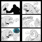  ... 1:1 absurd_res anthro ape arthropod axe claws comic curlytsunamiart depression dialogue digital_media_(artwork) diving duo eyes_closed gills godzilla godzilla_(series) gorilla haplorhine hi_res holding_axe humor insect kaiju king_kong king_kong_(series) lepidopteran male mammal megaprimatus_kong melee_weapon meme monochrome monster moth mothra mothra_(series) primate reptile sad scalie simple_background sound_effects speech_bubble teeth tired_eyes toho water weapon 