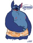  alien anthro anthrofied belly black_eyes blue_body blue_fur chest_tuft clothing disney english_text experiment_(lilo_and_stitch) fur hairy half-closed_eyes head_tuft hi_res kamudragon lilo_and_stitch male moobs narrowed_eyes nipples notched_ear overweight overweight_anthro overweight_male pink_nipples scratching_balls simple_background solo stitch_(lilo_and_stitch) text tired tuft underwear url white_background 