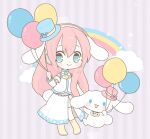  1girl alternate_color aqua_eyes armband balloon beamed_eighth_notes blush_stickers boots bunny chibi cloud commentary eighth_note gold_footwear hat headphones holding holding_balloon knee_boots long_hair looking_at_viewer megurine_luka mini_hat mini_top_hat musical_note najo pastel_colors pink_hair rainbow shirt short_sleeves side_slit single_arm_warmer skirt smile star_(sky) striped striped_background thighhighs top_hat vocaloid white_legwear white_shirt white_skirt 