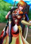  1girl absurdres black_gloves blurry blurry_background boots breasts cup day feet_out_of_frame fire_emblem fire_emblem:_three_houses gloves highres holding holding_sword holding_weapon jack_(kairuhaido) leonie_pinelli medium_breasts orange_hair outdoors short_hair shorts smile solo sword teacup thigh_boots thighhighs tsurime weapon 