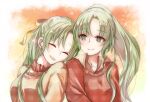  2girls :d ^_^ bangs breasts brown_shirt brown_sweater closed_eyes closed_mouth collarbone commentary_request eyebrows_visible_through_hair green_eyes green_hair hair_ribbon happy highres higurashi_no_naku_koro_ni light_blush long_hair looking_at_another looking_to_the_side multiple_girls open_mouth parted_bangs ponytail red_shirt red_sweater ribbon rin_(yuuuu_rinnnn) shirt siblings sisters smile sonozaki_mion sonozaki_shion star_(symbol) starry_background sweater twins unmoving_pattern upper_body yellow_ribbon 