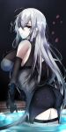  1girl absurdres arknights ass bangs black_gloves breasts dark_background elbow_gloves gloves highres kyle_(kysizzle) large_breasts long_hair looking_at_viewer messy_hair pantylines partially_submerged red_eyes sidelocks skadi_(arknights) solo thigh_strap wet white_hair 