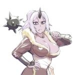  1girl breasts cleavage closed_mouth highres horns large_breasts long_hair looking_at_viewer ponytail purple_eyes purple_hair shion_(tensei_shitara_slime_datta_ken) simple_background single_horn solo tensei_shitara_slime_datta_ken ueyama_michirou upper_body weapon white_background 