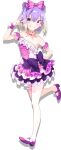  1girl bare_shoulders double_bun dress grin hair_ribbon highres jewelry lapis_re:lights looking_at_viewer lucifer_(lapis_re:lights) necklace official_art pink_dress pink_footwear pink_ribbon purple_eyes purple_hair ribbon short_hair sleeveless smile standing standing_on_one_leg thigh_strap transparent_background wristband 