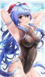  1girl ahoge armpits arms_behind_head arms_up bangs black_swimsuit blue_hair breasts chinese_commentary covered_navel eyebrows_visible_through_hair ganyu_(genshin_impact) genshin_impact goat_horns highres horns long_hair looking_at_viewer medium_breasts one-piece_swimsuit parted_lips purple_eyes solo swimsuit wangzili_shitoumen 