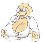  alphys anthro big_breasts blush bodily_fluids breasts buckteeth cleavage clothed clothing coat erect_nipples eyewear female freckles front_view glasses half-length_portrait hi_res huge_breasts lab_coat lizard looking_at_viewer mrxharlequinn nervous nipple_outline nipples non-mammal_breasts non-mammal_nipples open_mouth open_smile portrait reptile scales scalie simple_background smile solo sweat teeth tight_clothing tight_coat tight_topwear topwear undertale video_games yellow_body yellow_scales 