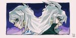  2boys apollo_hotori back-to-back bakura_ryou dark_persona dated earrings evil_grin evil_smile glint grin jewelry long_hair looking_at_another male_focus multiple_boys parted_lips purple_eyes signature smile white_hair yami_bakura yu-gi-oh! 