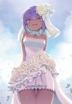  1girl alternate_costume blue_sky bridal_veil choker cloud cowboy_shot dark_skin dark_skinned_female dress fate/prototype fate/prototype:_fragments_of_blue_and_silver fate_(series) flower happy hassan_of_serenity_(fate) highres looking_at_viewer open_mouth peaceyj purple_eyes purple_hair rose short_dress sky solo strapless strapless_dress tearing_up thigh_gap veil wedding_dress white_flower white_rose 