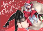  ass bare_shoulders black_gloves black_legwear boots breasts choker christmas_ornaments christmas_present detached_sleeves eyebrows_visible_through_hair fate/grand_order fate/grand_order_arcade fate_(series) gift gloves gorgenzolla hair_between_eyes high_heel_boots high_heels highres hood long_hair medium_breasts merlin_(fate/prototype) messy_hair mistletoe purple_eyes red_background sack silver_hair skirt snowflakes thigh_boots thighhighs thighhighs_under_boots thighs twitter_username 