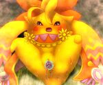  blush bodily_fluids clothing female flower fur genital_fluids genitals kyuubi360 legs_up mammal nopon open_mouth orange_clothing plant pussy pussy_juice solo spread_legs spreading tears video_games xenoblade xenoblade_chronicles yellow_body yellow_fur 