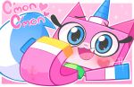  &lt;3 anus blue_eyes blush cute_fangs driosawm female genitals hi_res horn lego open_mouth open_smile presenting presenting_pussy pussy simple_background smile solo the_lego_movie unikitty unikitty! 