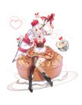  1girl :d absurdres apple_hair_ornament apple_pie armband asymmetrical_legwear black_footwear breasts brown_legwear cleavage dress food_themed_clothes food_themed_hair_ornament fruits_fulcute! gloves hair_ornament heart highres large_breasts long_hair mixing_bowl open_mouth personification print_legwear punya red_eyes red_headwear ringo_(fruits_fulcute!) sitting sleeveless smile solo transparent_background whisk white_gloves white_legwear 