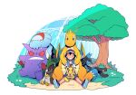  1boy ash_ketchum bangs baseball_cap black_hair blue_jacket closed_eyes commentary_request dododo_dadada dracovish dragonite galarian_farfetch&#039;d galarian_form gen_1_pokemon gen_4_pokemon gen_8_pokemon gengar grass hat jacket lucario male_focus on_lap pikachu pokemon pokemon_(anime) pokemon_(creature) pokemon_on_lap pokemon_swsh_(anime) shirt shoes short_sleeves shorts sitting sleeveless sleeveless_jacket smile t-shirt teeth tree white_shirt 