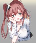  1girl aqua_eyes blush breasts brown_hair buttons cleavage collarbone eyebrows_visible_through_hair hair_between_eyes highres kantai_collection large_breasts long_hair long_sleeves looking_at_viewer open_mouth saratoga_(kantai_collection) shirt side_ponytail smile solo white_shirt youmou_usagi 