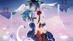  1girl angel_wings bird black_headwear blue_hair blue_skirt boots bow bowtie center_frills day floating_island foot_out_of_frame frills gradient_sky hair_between_eyes hat highres hinanawi_tenshi knee_up long_hair looking_ahead looking_to_the_side naufaldreamer outdoors red_bow red_eyes red_footwear red_neckwear shirt sitting skirt sky solo star_(sky) swan torii touhou twilight water waterfall white_shirt wings 