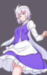  1girl apron bangs blue_skirt blue_vest cowboy_shot eyebrows_visible_through_hair frilled_skirt frills grey_background highres juliet_sleeves kakone letty_whiterock light_purple_hair long_sleeves looking_at_viewer open_mouth puffy_sleeves purple_eyes scarf short_hair simple_background skirt solo standing touhou vest white_apron white_headwear white_scarf 