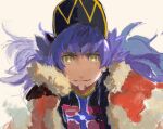  1boy bangs baseball_cap cape champion_uniform closed_mouth commentary_request dark_skin dark_skinned_male facial_hair floating_hair fur-trimmed_cape fur_trim hat highres leon_(pokemon) long_hair looking_at_viewer male_focus pokemon pokemon_(game) pokemon_swsh purple_hair red_cape shirt smile solo yellow_eyes zukki_(suzukio) 