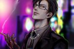  1boy black-framed_eyewear black_neckwear black_suit blurry blurry_background chromatic_aberration cigarette glasses green_eyes hypnosis_mic iruma_juuto la_la_la_la looking_at_viewer male_focus necktie outdoors smoking upper_body 